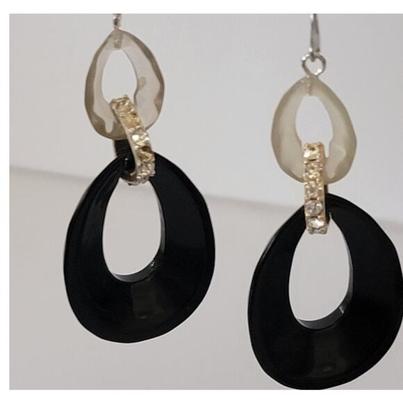 Vintage 1980s Black and White Dangle Earrings with Rhinestone Accents - Picture 2 of 14
